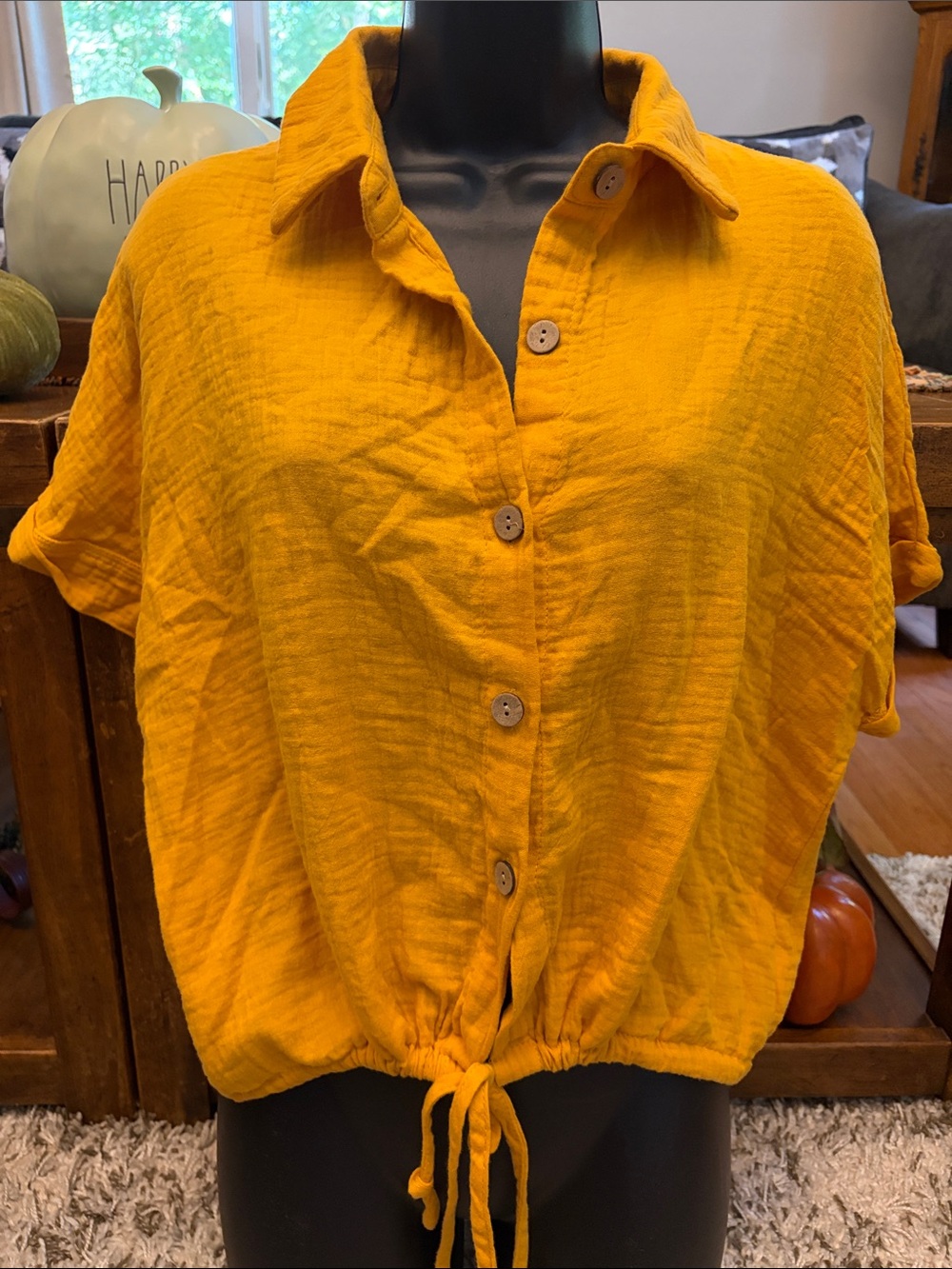 SHEIN Women's Drawstring Button-Up Shirt - Mustard Yellow size Small
